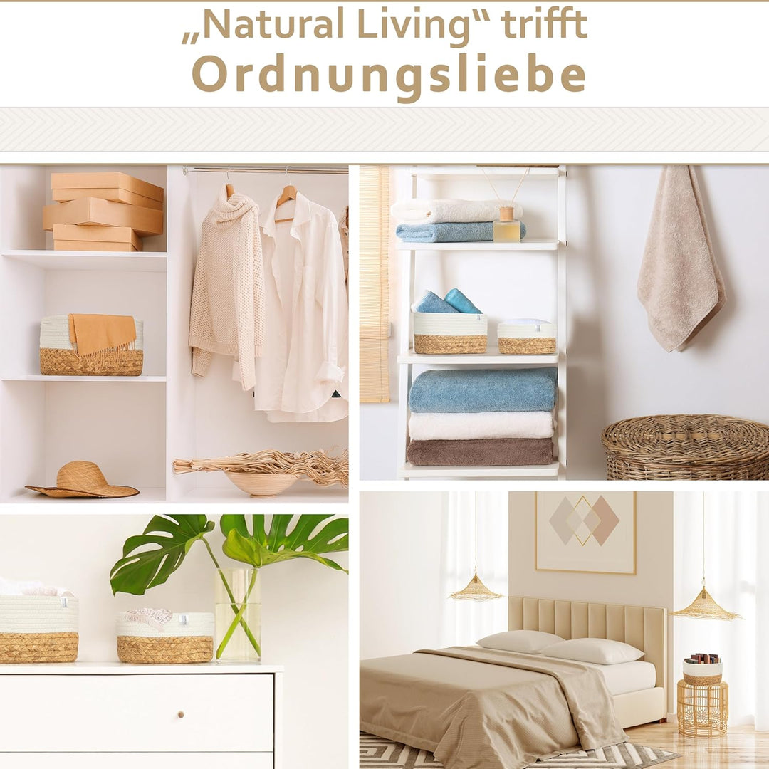 NORDIS DESIGN Aufbewahrungskörbe 3er Set aus Wasserhyazinthe und Baumwolle, Bad Aufbewahrungskorb ge