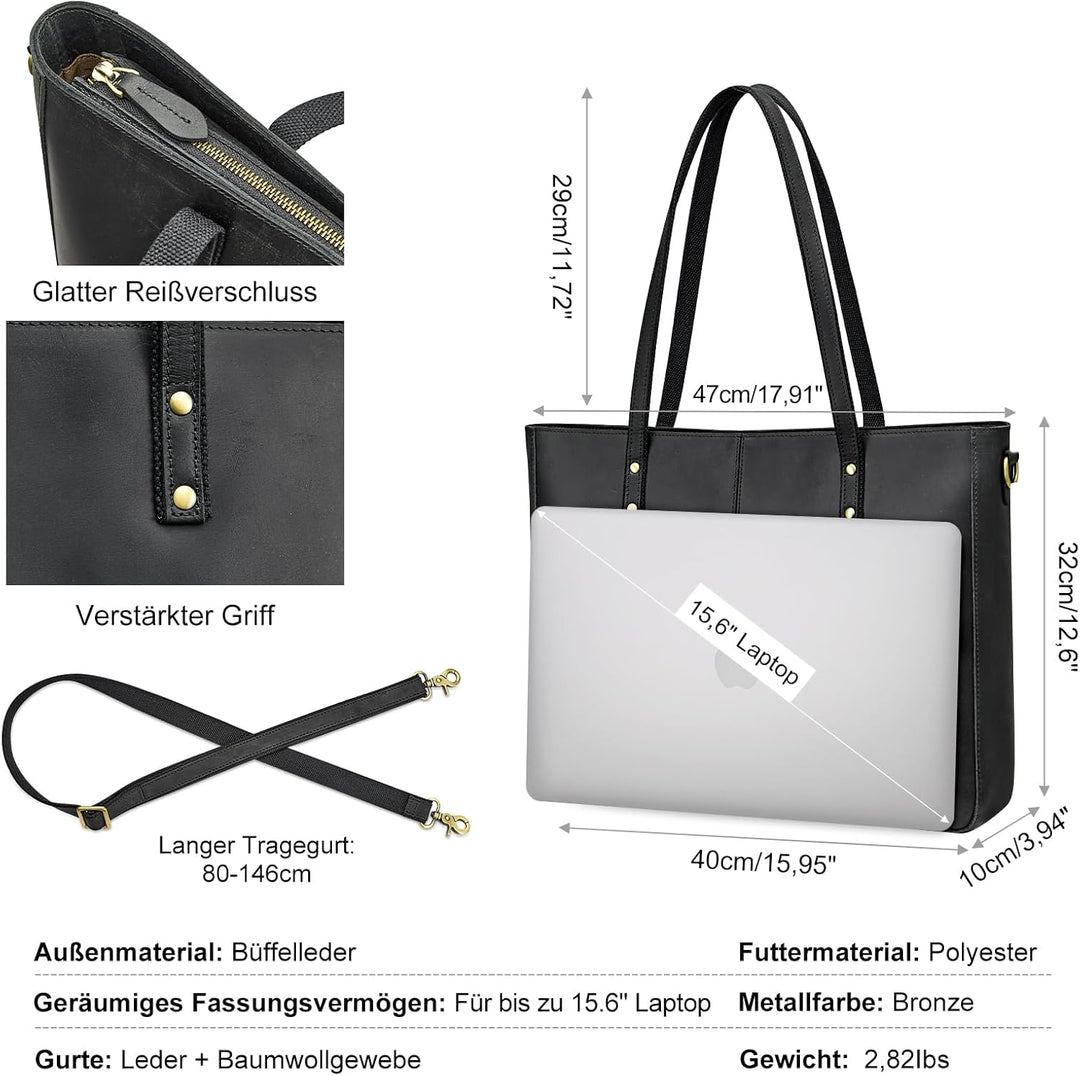 S-ZONE Damen Umhängetasche Echtleder Schultertasche Grosse Handtasche Arbeitstasche Schwarz-l, Schwa