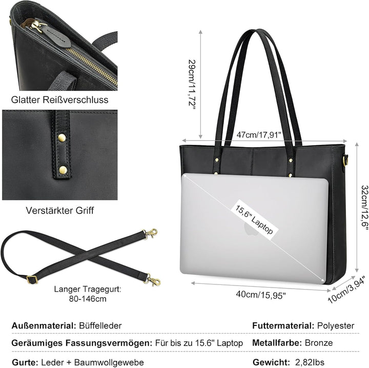 S-ZONE Damen Umhängetasche Echtleder Schultertasche Grosse Handtasche Arbeitstasche Schwarz-l, Schwa