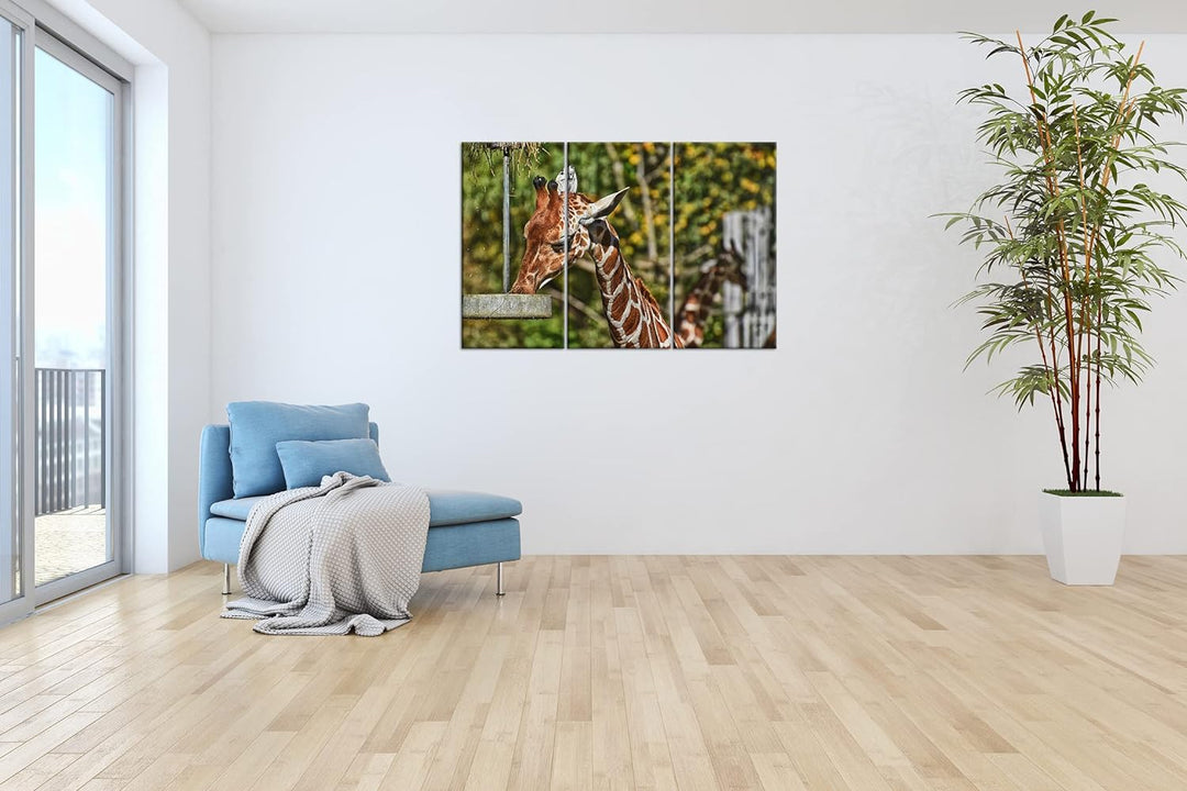 deyoli Giraffe beim Fressen Format: 3Teilig als Leinwandbild, Motiv fertig gerahmt auf Echtholzrahme