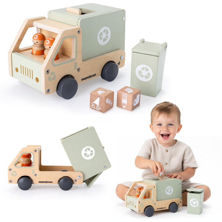 mamabrum Holz-Müllwagen mit Zubehör, Lernspielzeug für Kinder ab 3 Jahren, MDF, Natur und Grün, 2 Ho