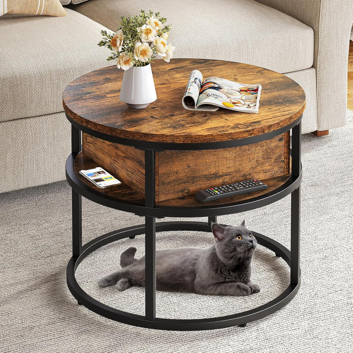 YITAHOME Couchtisch Rund mit Hebeplatte, Wohnzimmertisch Höhenverstellbar mit Stauraum 60x60x47cm, C