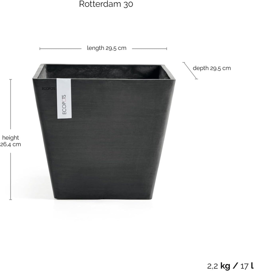 Ecopots Blumentopf Rotterdam Dunkel Grau - 30 x 30 cm quadratisch gross - Pflanzentopf aus Recycling
