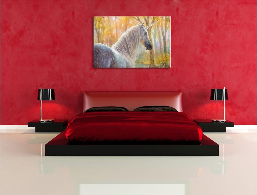 Pixxprint Einsames Einhorn im Wald / 100x70cm Leinwandbild bespannt auf Holzrahmen/Wandbild Kunstdru
