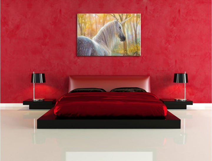 Pixxprint Einsames Einhorn im Wald / 100x70cm Leinwandbild bespannt auf Holzrahmen/Wandbild Kunstdru