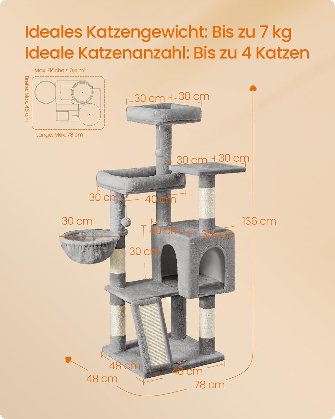 Feandrea Kratzbaum, 136 cm hoch, Katzenbaum, mehrstöckiges Katzenhaus, mit 4 Kratzsäulen, 3 Plattfor