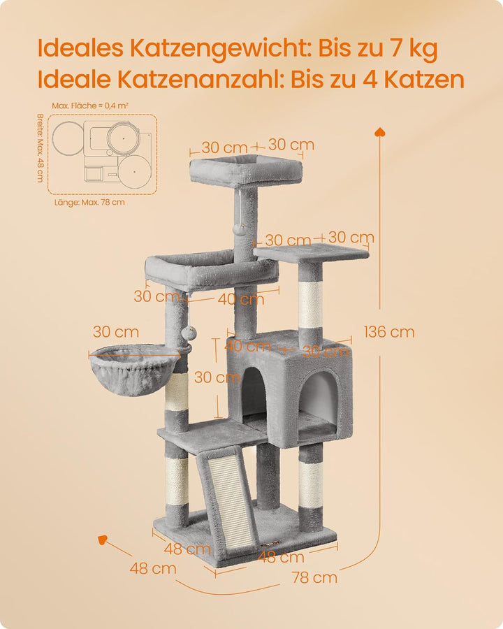 Feandrea Kratzbaum, 136 cm hoch, Katzenbaum, mehrstöckiges Katzenhaus, mit 4 Kratzsäulen, 3 Plattfor