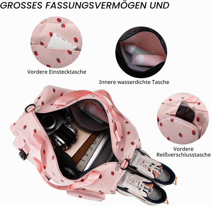 Sporttasche Kinder Mädchen Erdbeere Cord Reisetasche Damen Weekender Schwimmtasche mit Schuhfach und