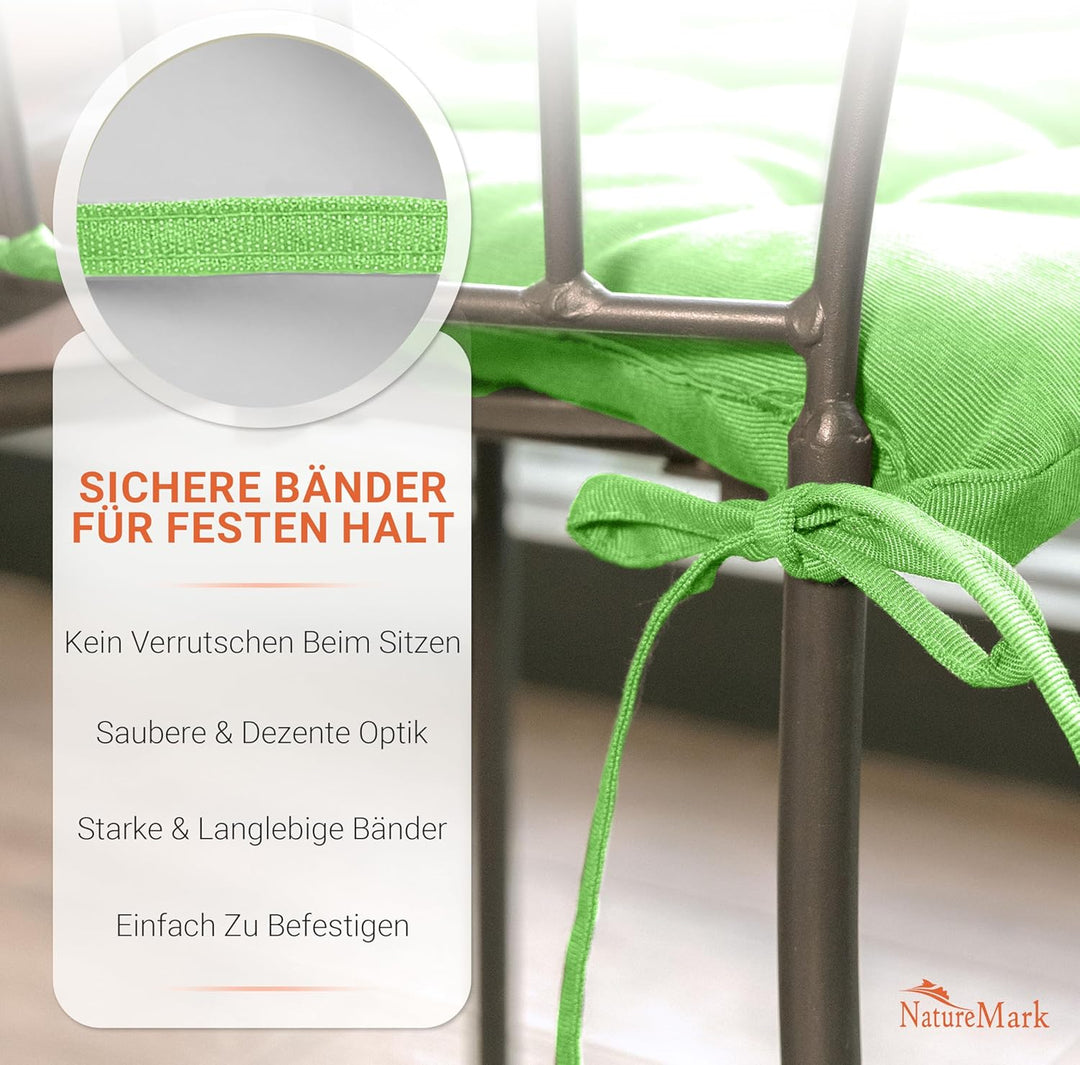 NatureMark 4er Set Stuhlkissen mit Bändern Gr. 40x40 cm Sitzkissen gefüllt, Apfel grün 4 Stück (1er