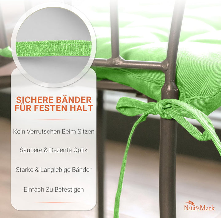 NatureMark 4er Set Stuhlkissen mit Bändern Gr. 40x40 cm Sitzkissen gefüllt, Apfel grün 4 Stück (1er