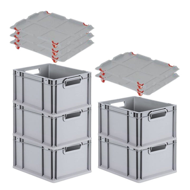 PROREGAL SparSet 5x Eurobox NextGen Grip mit Auflagedeckel & 4 roten Schiebeschnappverschlüssen, HxB