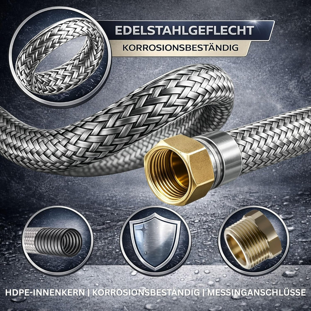 DVGW gep. Panzerschlauch 3/4 Zoll DN20 DN19 Edelstahl Flexschlauch Wasseranschluss Heizung Enthärtun