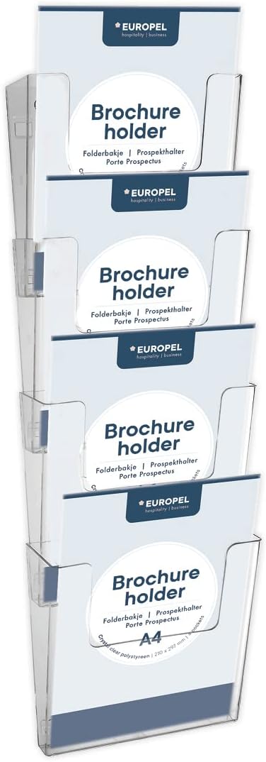 Europel Prospekthalter Wandmontage, Mehrfach, 4 Fächer DIN A4, Anschliessbar, Erweiterbar, Transpare