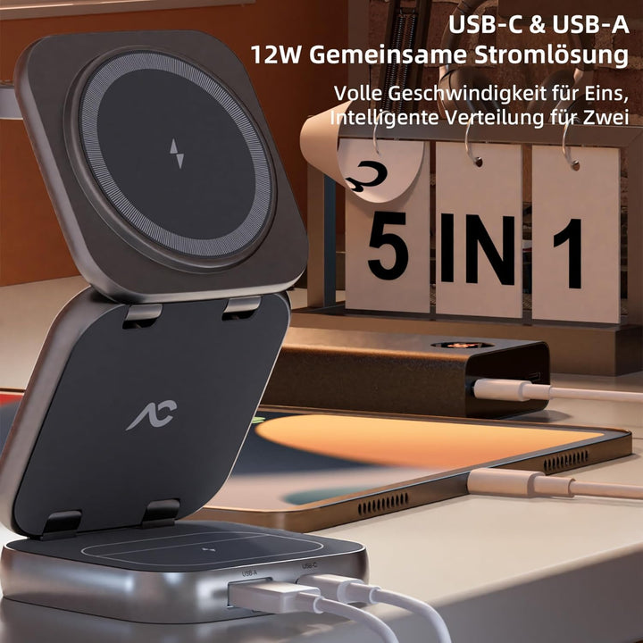 AC Island 5 in 1 iPhone Ladestation kompatibel mit Mag-Safe Ladegerät, Faltbar Reisen Wireless Charg