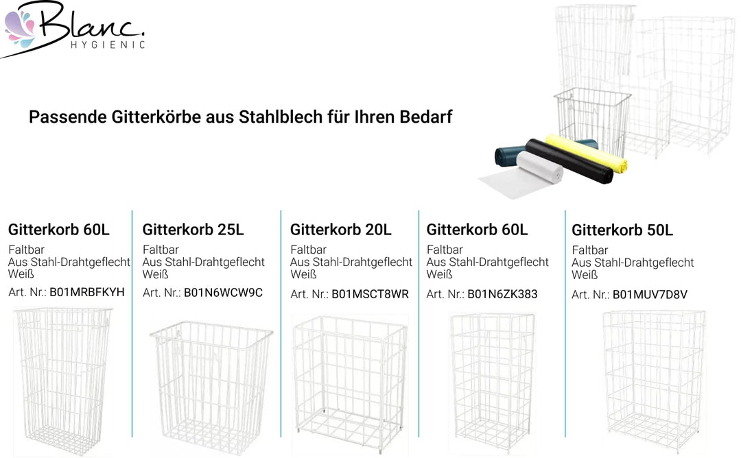 Blanc HYGIENIC Papierkorb FIX – Mülleimer aus Stahlblech, Drahtgitter-Abfallbehälter 60 Liter, zum H