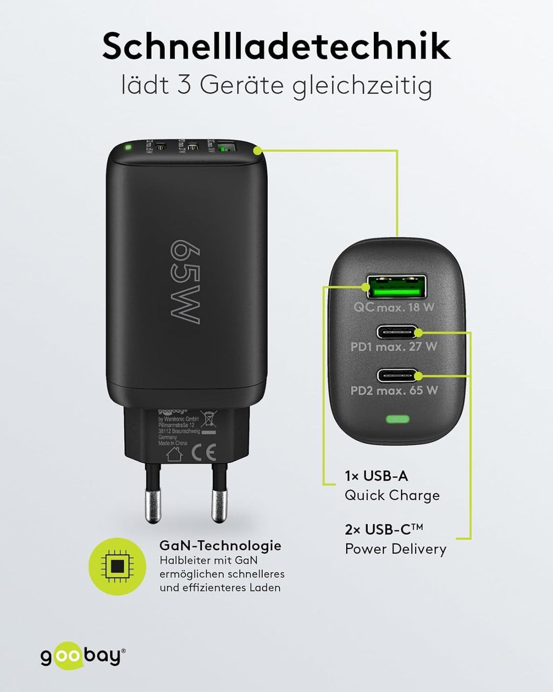 Goobay 65407 USB C Ladegerät Netzteil 65W Power Delivery PD Schnellladegerät/iPhone/Android/USB-C &amp;