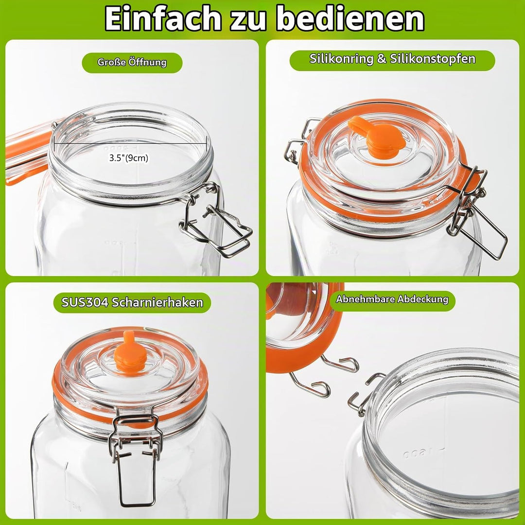YBCPACK Fermentiergläser 2L mit Gärventil &amp; Glasgewicht – grosses Einmachglas/Fermentationsglas Star