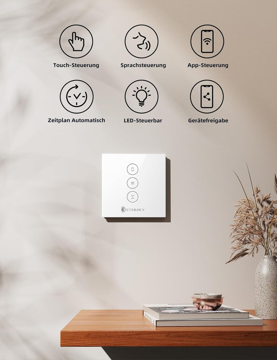 Smart Rolladenschalter, Etersky Rolladen Zeitschaltuhr Smart Jalousien Schalter mit Touch Panel, Kom