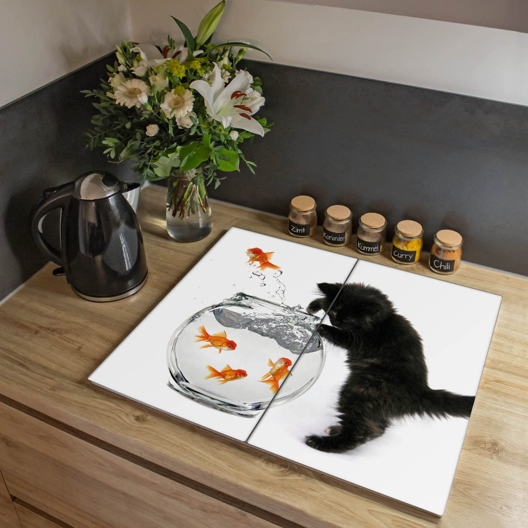 banjado® Herdabdeckplatte Glas 2-teilig je 30x52 cm/Schneidebrett Herdabdeckung mit Motiv Katze Und