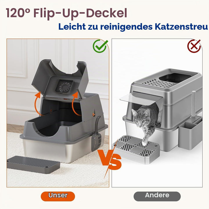Katzenklo Edelstahl mit Deckel, XL Katzentoilette Geschlossen mit Schaufel, Zwei-Tür-Konfiguration,