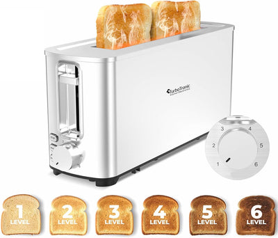 TurboTronic TT-BF14 Edelstahl Toaster mit extra langem Brot-Schlitz Brötchenaufsatz, Krümelschublade