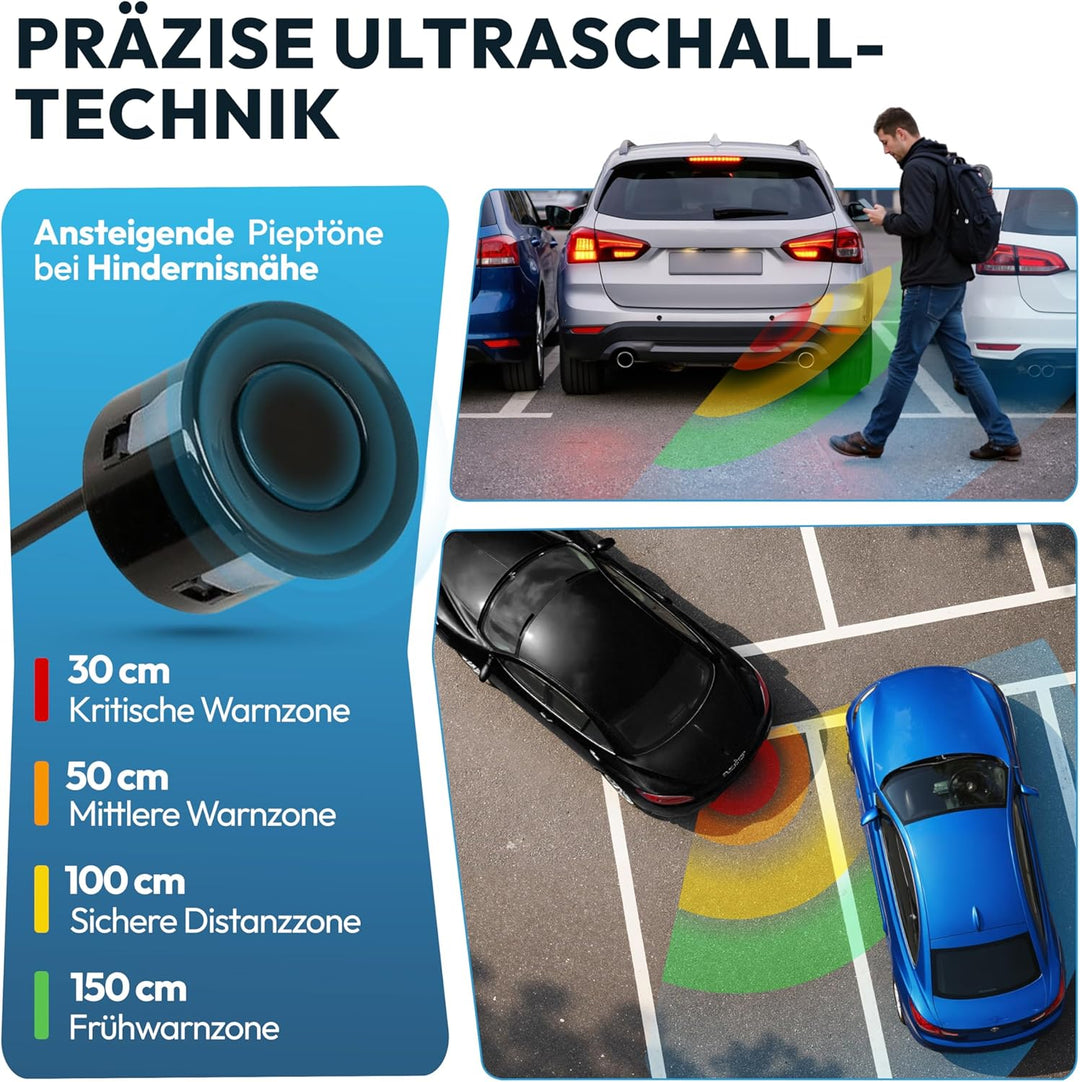VSG24 Premium Einparkhilfe hinten mit Display zum nachrüsten am Auto, PDC Parksensoren hinten mit St