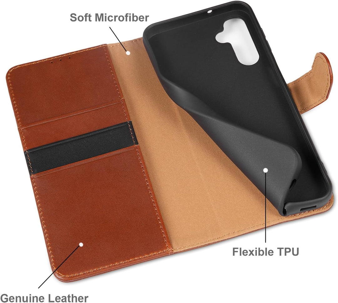 LENSUN Echtleder Hülle für Samsung Galaxy A14, Handyhülle [Echtes Leder][Kartenfach][RFID Schutz][Kl