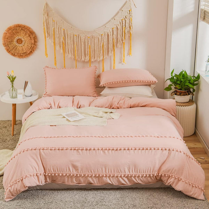 Freyamy Böhmen Bettwäsche 135x200cm 2teilig Hellrosa Rosa Pom Pom Boho Chic Bettwäsche Gewaschene Mi