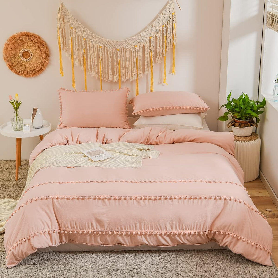Freyamy Böhmen Bettwäsche 200x200cm 3teilig Hellrosa Rosa Pom Pom Boho Chic Bettwäsche Gewaschene Mi