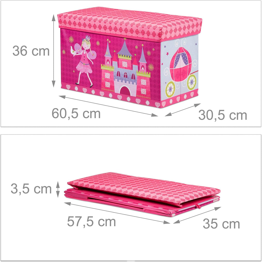 Relaxdays Sitzbox Kinder, Faltbare Aufbewahrungsbox mit Stauraum, Deckel, Prinzessin & Fee, 50 Liter
