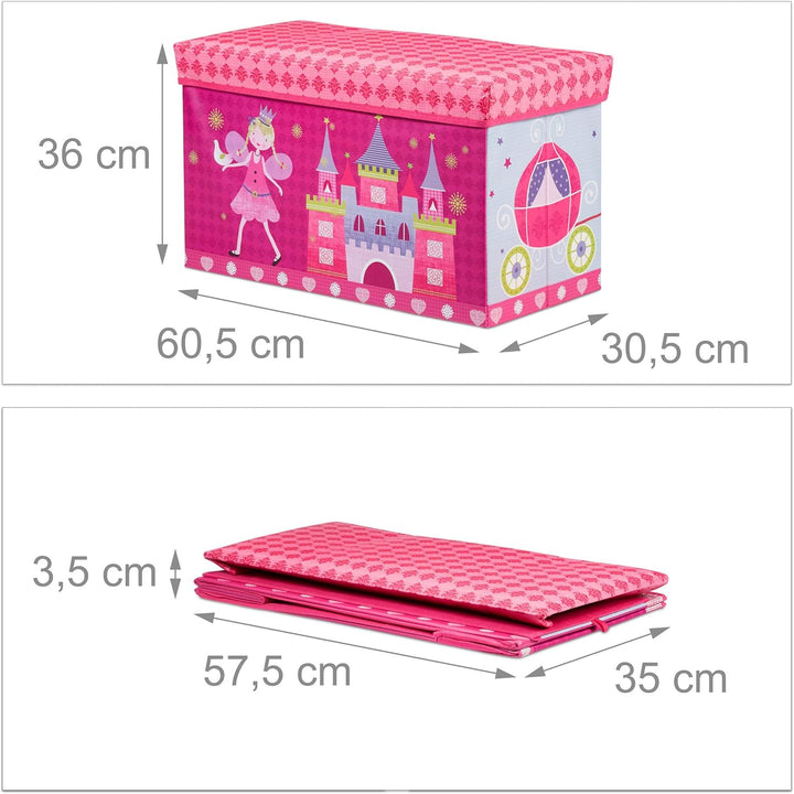 Relaxdays Sitzbox Kinder, Faltbare Aufbewahrungsbox mit Stauraum, Deckel, Prinzessin & Fee, 50 Liter