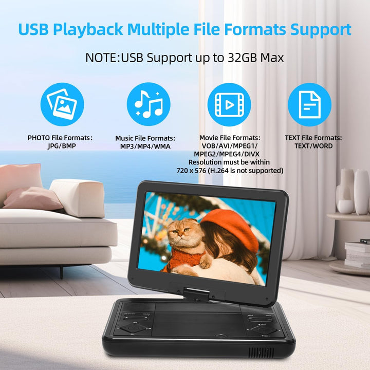 KCR Tragbarer DVD-Player, 25,7 cm (10,1 Zoll), eingebauter TV, DVB-T2 mit schwenkbarem LED-Bildschir
