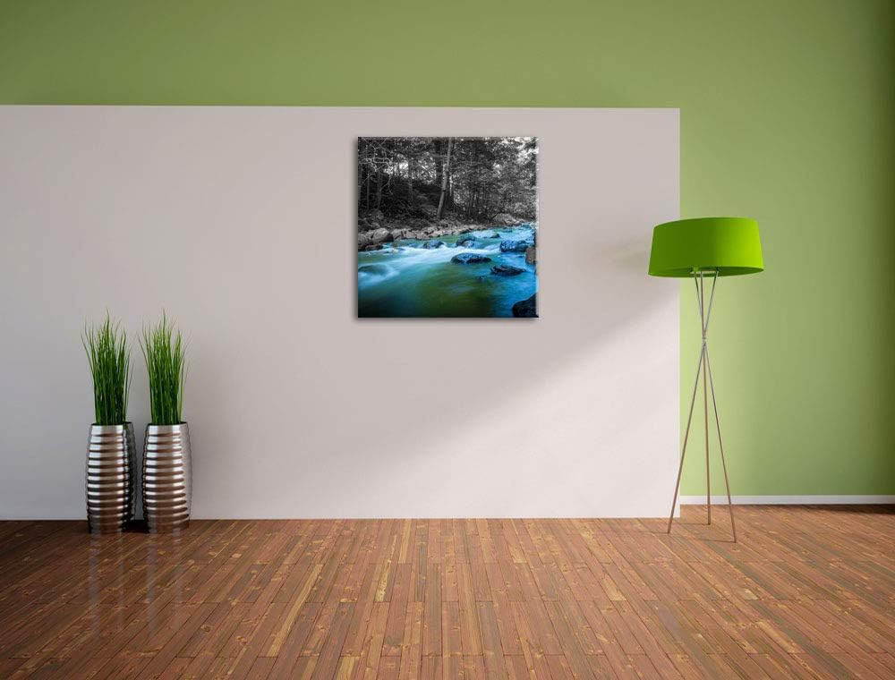 Pixxprint schöner Fluss im Wald mit Steinen schwarz/weiss, Format: 70x70 auf Leinwand, 70x70