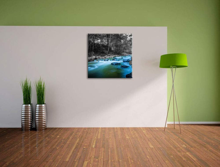 Pixxprint schöner Fluss im Wald mit Steinen schwarz/weiss, Format: 70x70 auf Leinwand, 70x70