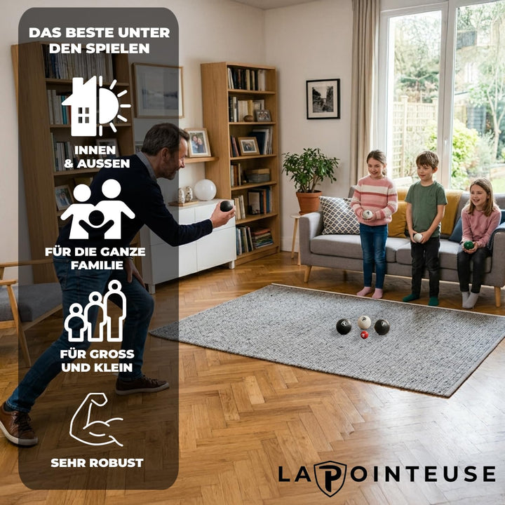 LA POINTEUSE – Indoor-Boule-Spiel – 6 Kugeln, 1 Zielkugel, 1 Tragetasche verstärkten Nähten – Für Ki