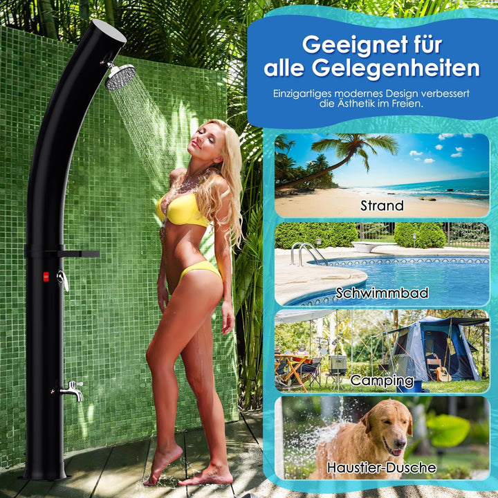 Solardusche 35L Curve Gartendusche mit 360°Regenduschkopf und Wasserhahn, Warmes Wasser Max. 60℃, oh