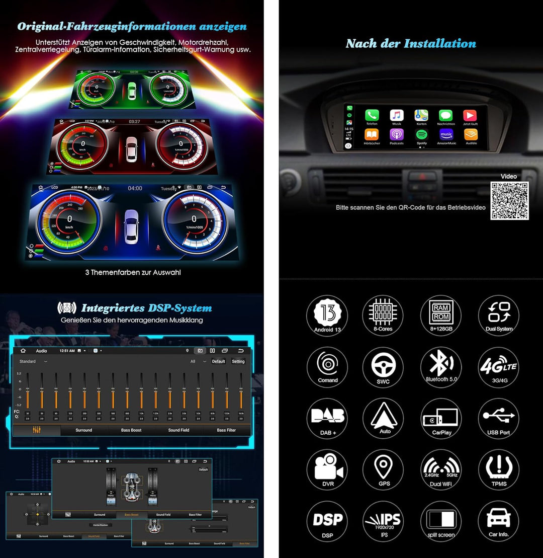 Erisin 8.8" Android 12 8-Kern Autoradio GPS Navi für BMW 3er E90 E91 E92 E93 5er E60 E61 6er E63 E64