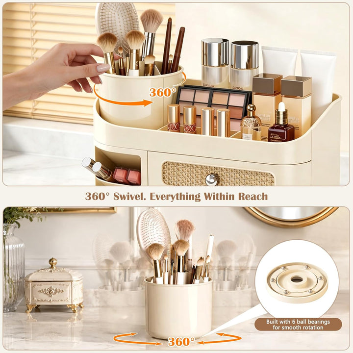 Make Up Organizer mit 360° Drehbar Abnehmbar Pinselhalter - Schminktisch Organiser Kosmetik Box mit