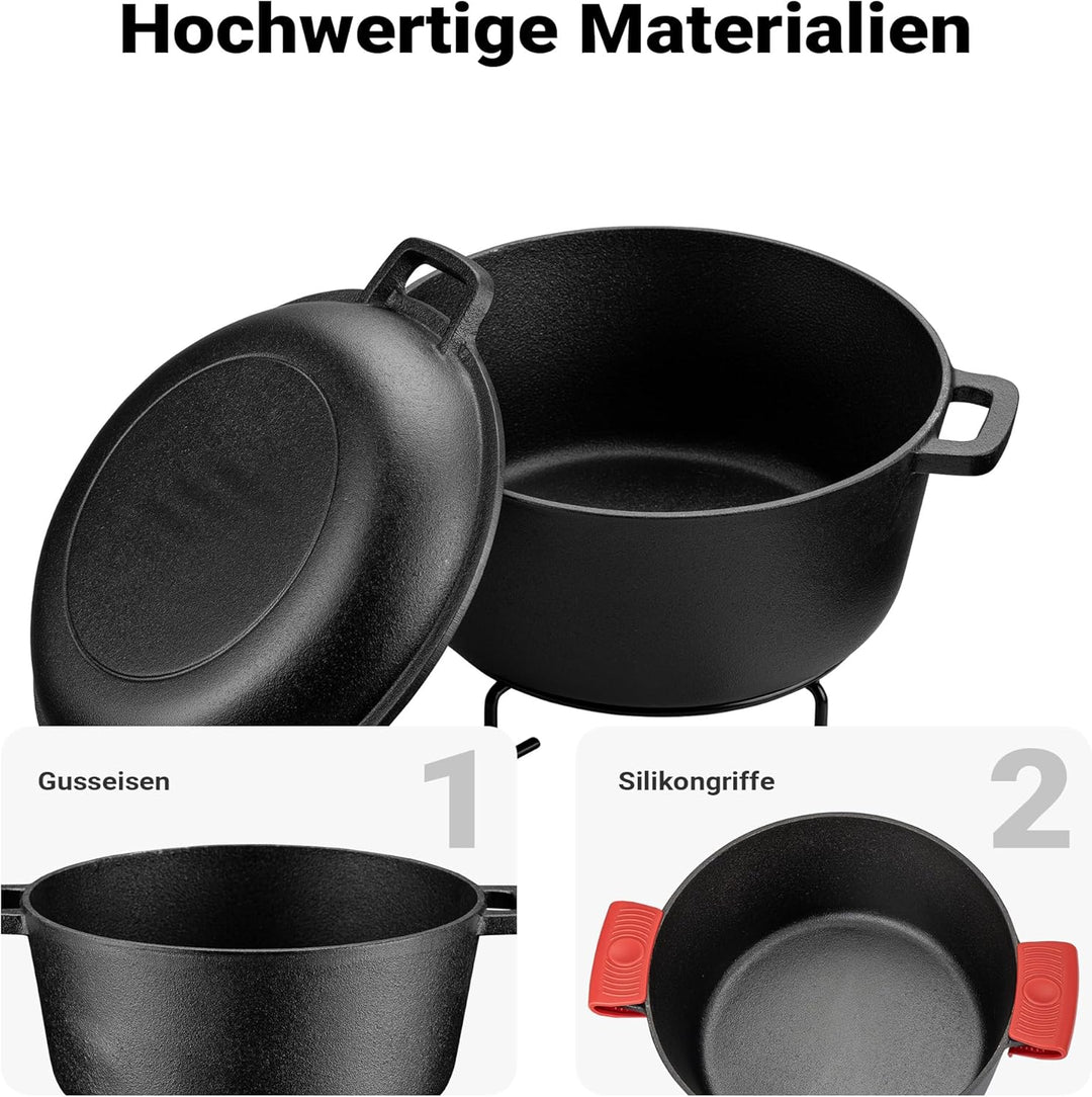 Wiltec 2in1 Dutch Oven 32 x 26 x 16 cm Grilltopf aus Gusseisen, Schmortopf plus Deckel, Feuertopf in