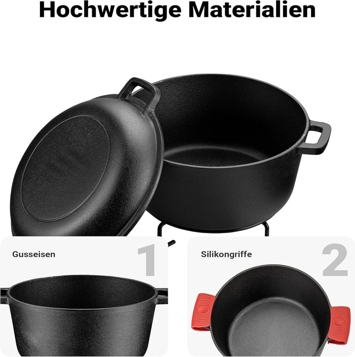 Wiltec 2in1 Dutch Oven 32 x 26 x 16 cm Grilltopf aus Gusseisen, Schmortopf plus Deckel, Feuertopf in