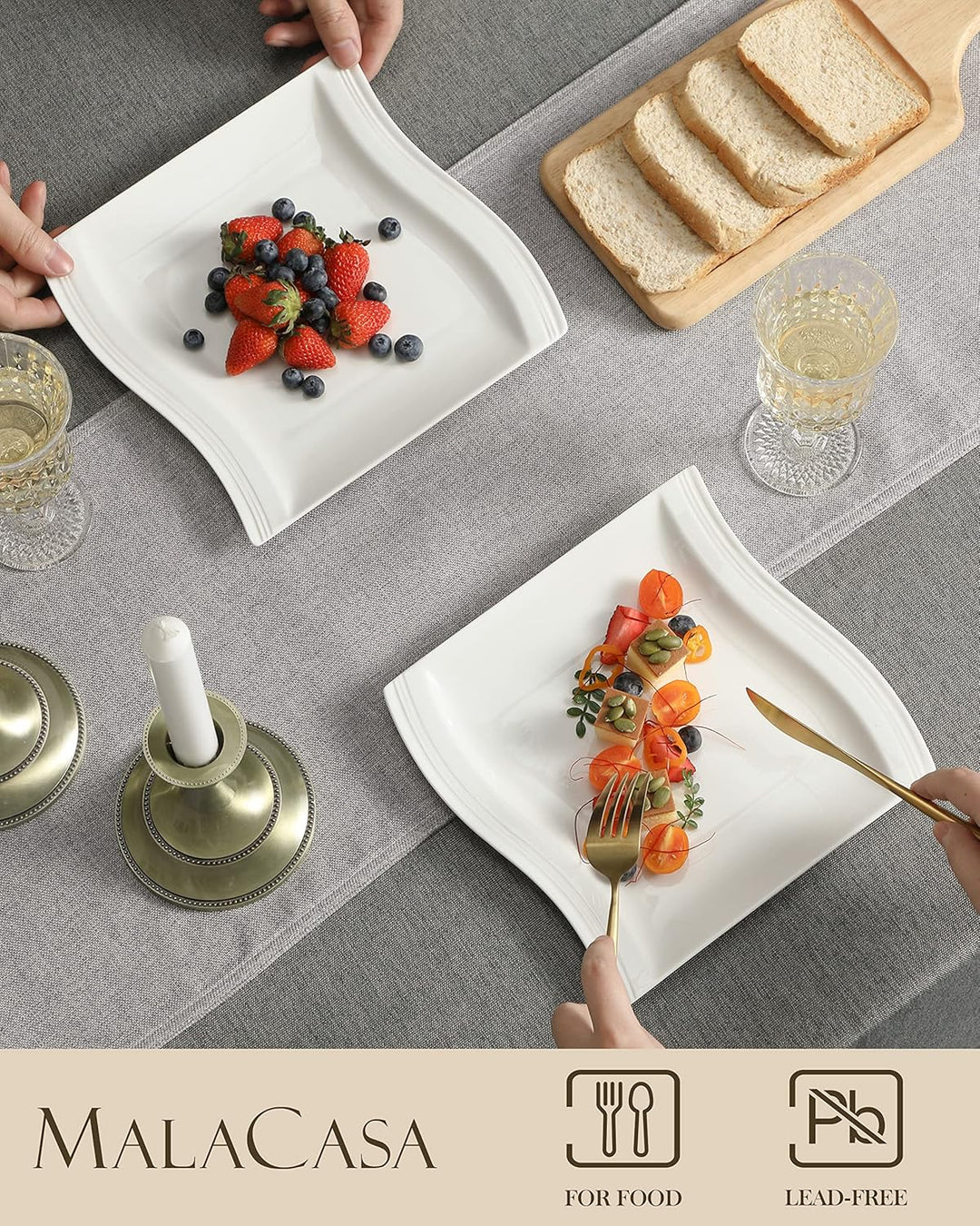 MALACASA, Serie Flora, 6 teilig Set CremeWeiss Porzellan Kuchenteller Dessertteller Frühstücksteller