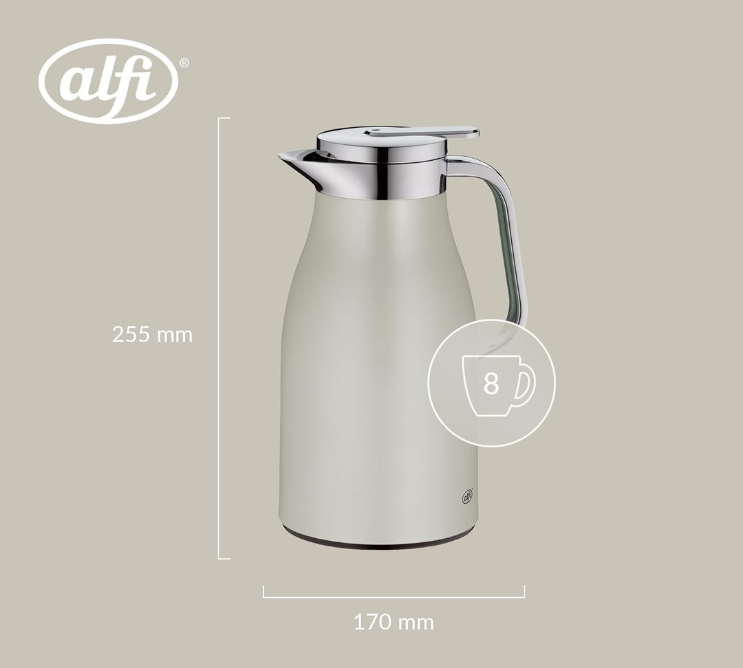 alfi SKYLINE 1,0l, silver lining, Edelstahl-Isolierkanne mit hygienischem Hartglaseinsatz, Drehversc