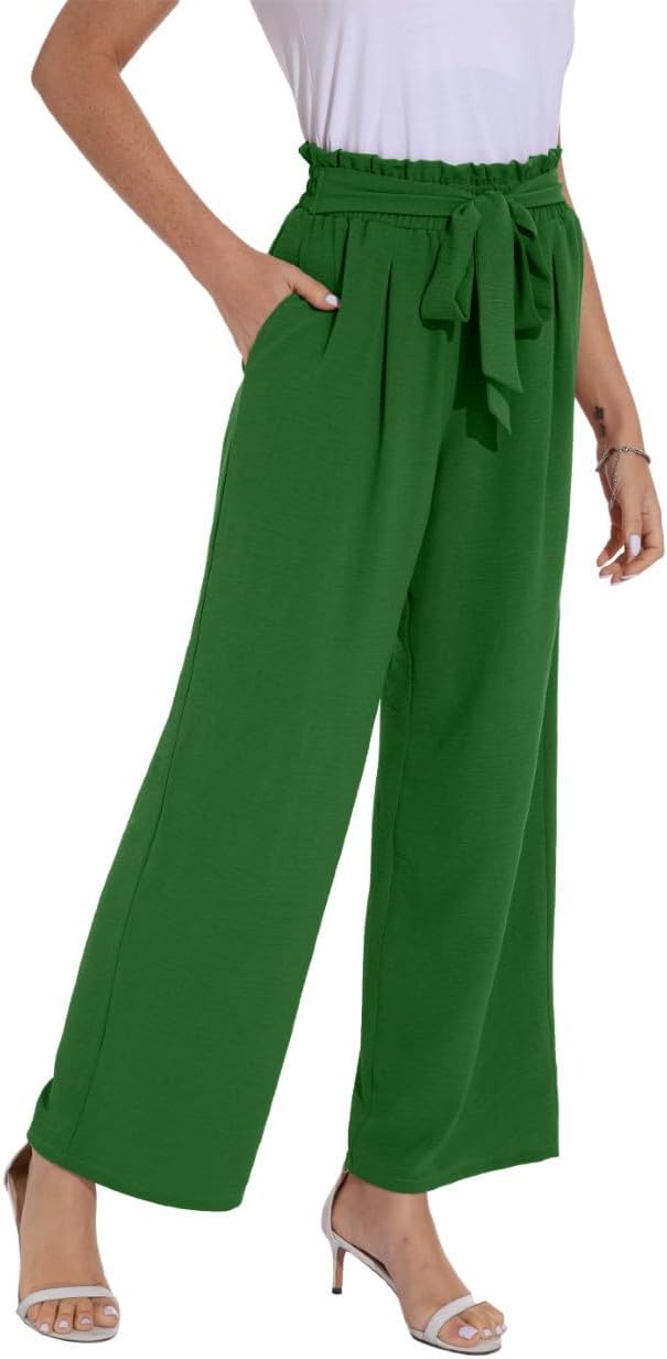 PrinStory Damen Hose Mit Weitem Bein Leichte Elastische Taille Sommer Hose Mit Taschen Kausale Arbei