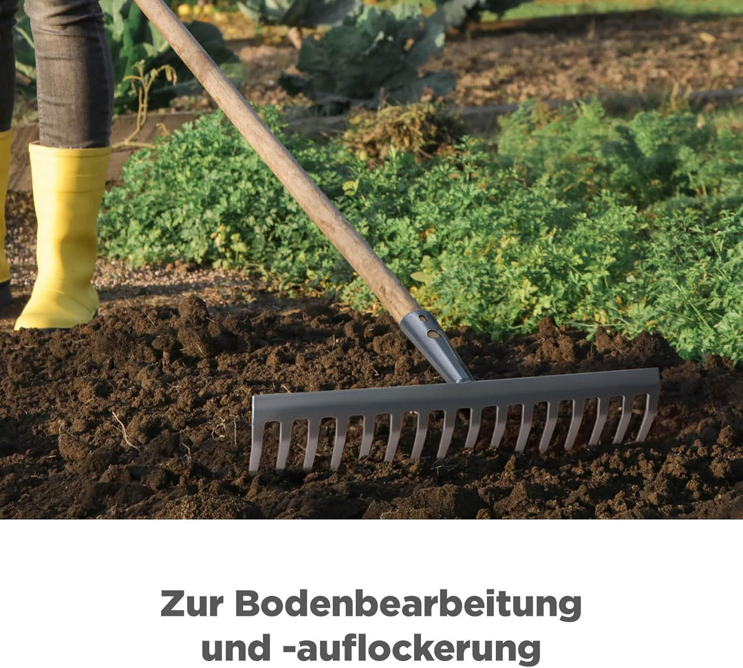 blizz-z Gartenrechen 40 cm Breite, 16 Zinken | Stabiler Rechen mit robustem Eschenstiel