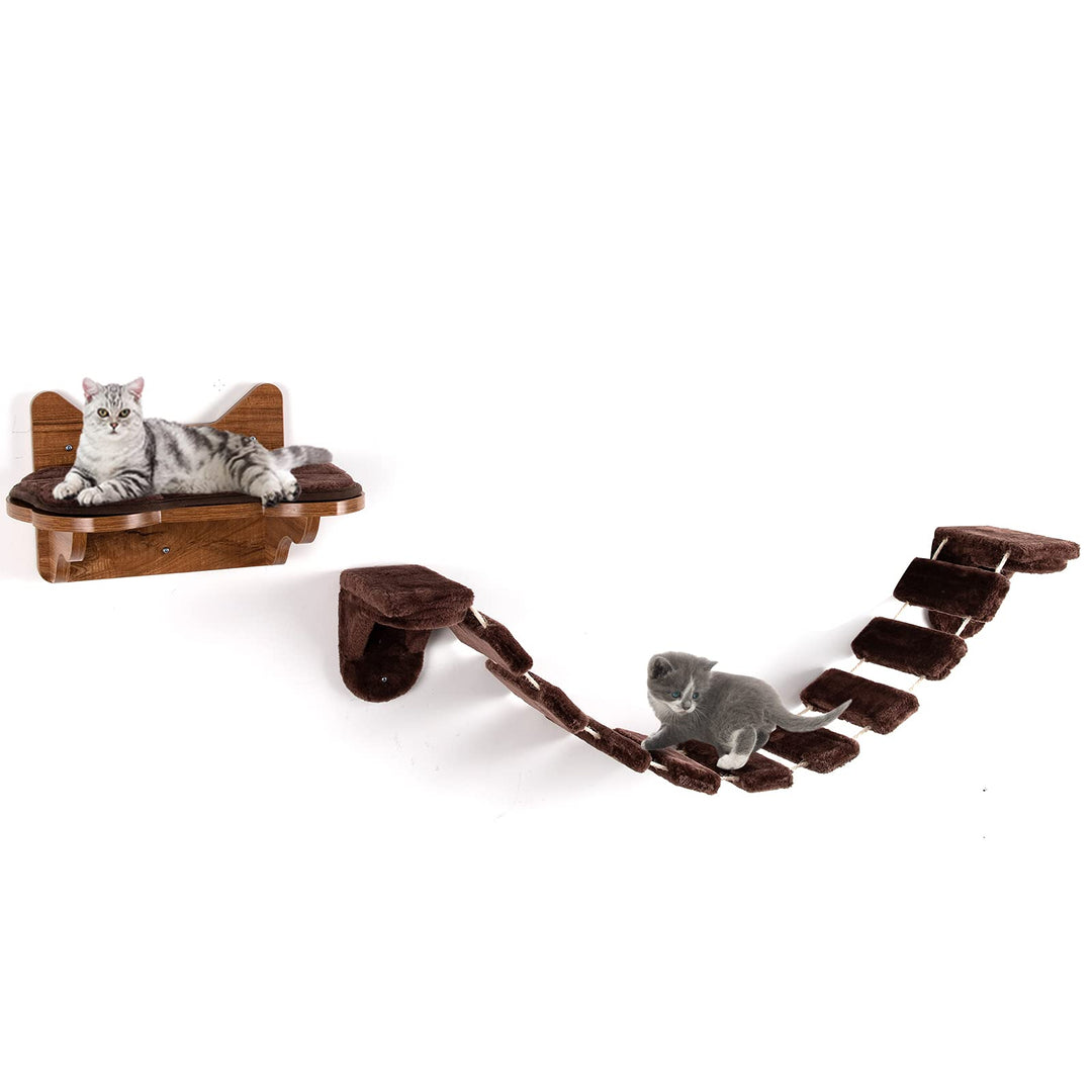 COSTWAY Kletterwand Katzen, 2 in 1 Katzenbrücke und Katzenliege, Katzenhängematte Wand Set, Hängebrü