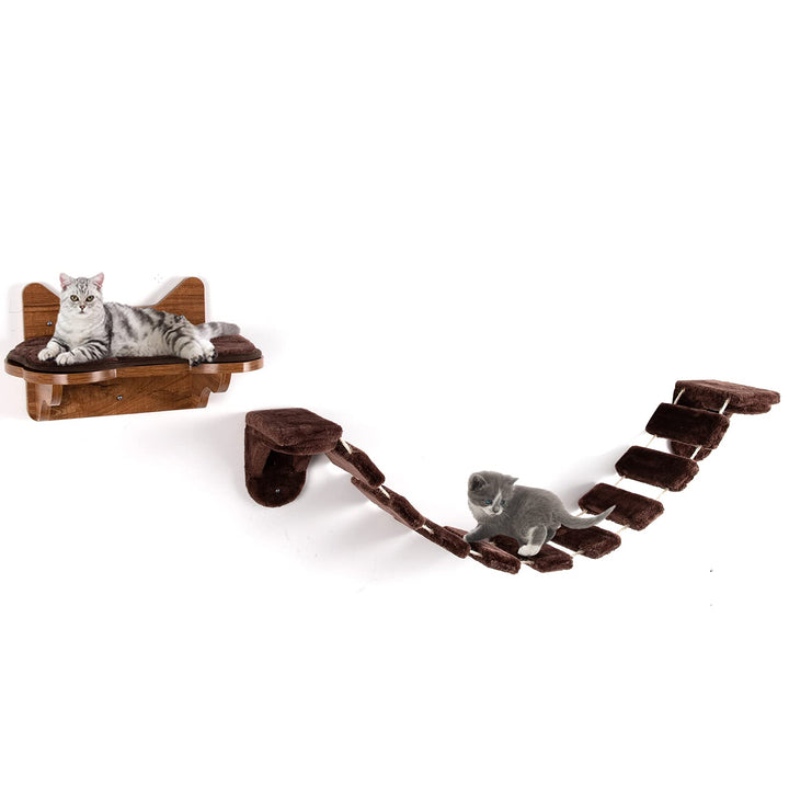 COSTWAY Kletterwand Katzen, 2 in 1 Katzenbrücke und Katzenliege, Katzenhängematte Wand Set, Hängebrü