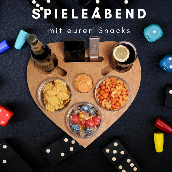 Herz Couchbar in Eiche - Couch Tablett mit 4 Glasschalen - Sofatablett für Snacks & Getränke [stabil