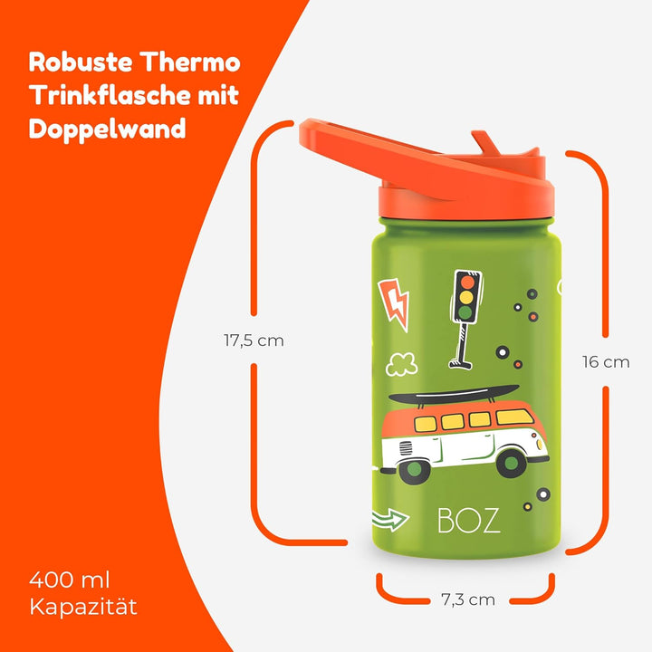 BOZ Isolierte Kinder-Trinkflasche, 414 ml (Autos) | BPA-Frei, Kratzfest mit Tragegriff, Spülmaschine