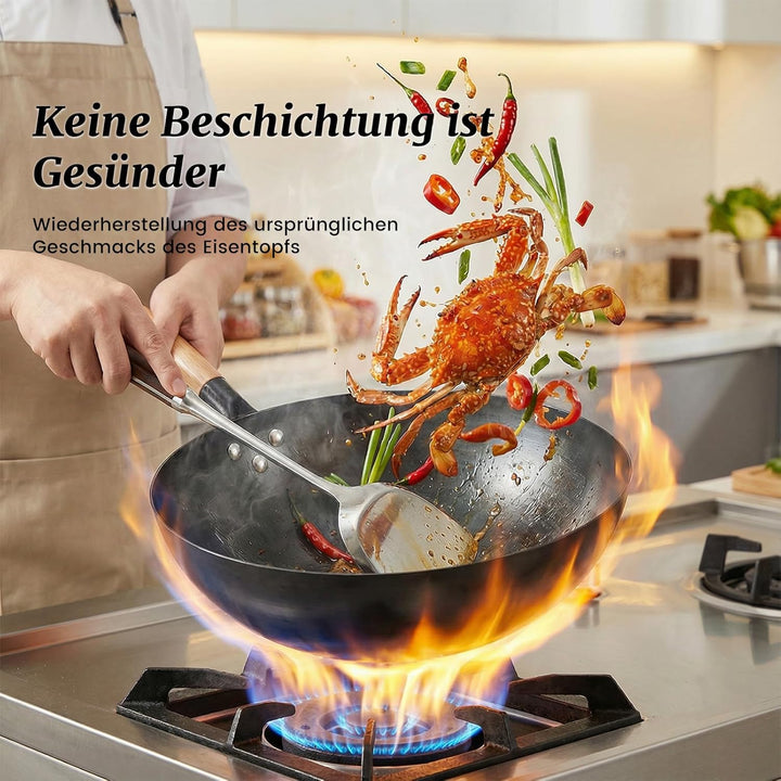32cm Bratpfanne Wok mit Deckel Eisenpfanne: Massivholzgriff Induktionsgeeignet Geschmiedet Eisenpfan
