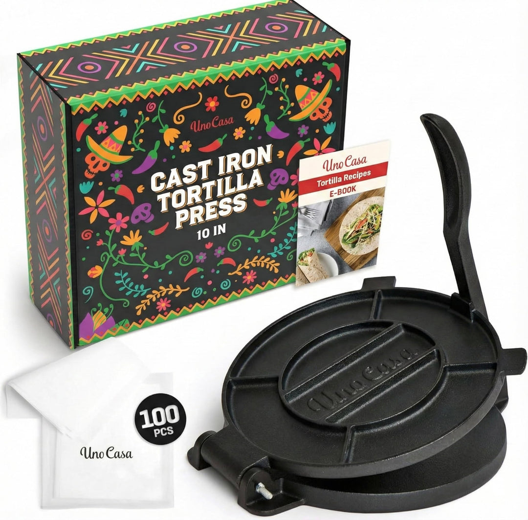 Uno Casa Tortilla Presse 25 cm aus Gusseisen – Taco Presse und Roti Maker - Plus 100 Blatt Backpapie